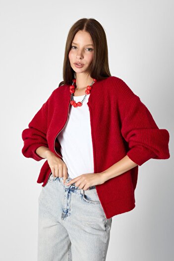 SHERIN Red Zippered Knitwear Cardigan