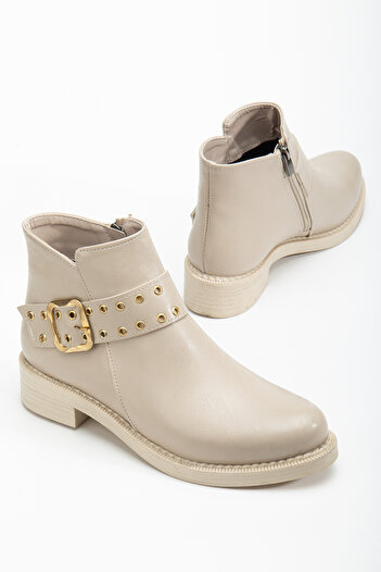 Tonny Black Women's Beige Leather Thick Thermo Sole Belt Buckle Detailed Zippered Boots