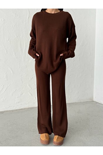 BEJNA Women's Crew Neck Ribbed Top and Bottom Knitwear Set