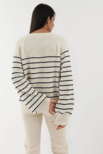 Hiccup Button Detailed Striped Loose Fit Knit Sweater