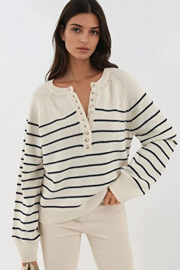 Hiccup Button Detailed Striped Loose Fit Knit Sweater
