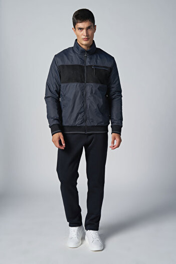 bilcee Men's Dark Navy Blue Woven 3 Thread Fleece Suede Detailed Tracksuit Set 4537