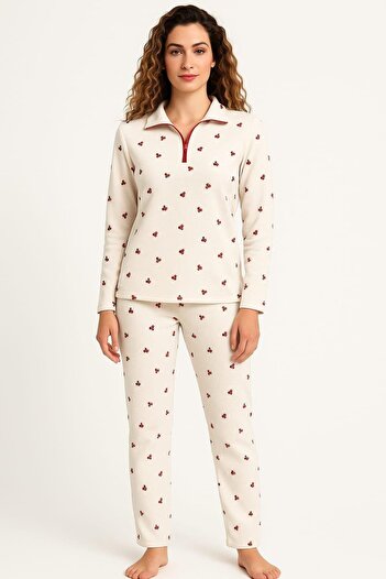Pemilo Women's 70902 Half Zipper Long Sleeve Waffle Pajama Set Ecru