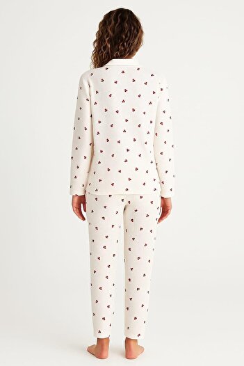 Pemilo Women's 70902 Half Zipper Long Sleeve Waffle Pajama Set Ecru