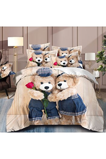 OEM Bed linen, 2 people, identical 3D print, fine, 6 pieces, cream, with teddy bears, LFD135