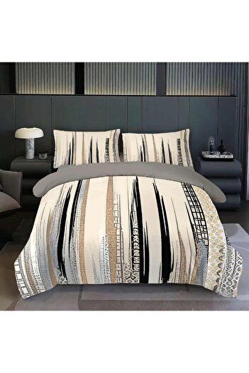 OEM Bed linen, 2 people, identical 3D print, fine, 6 pieces, cream gray, with stripes, LFD141