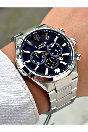 Quantum Functional Silver-Navy Blue Color Sapphire Glass Steel Band Steel Case Men's Wristwatch 1094.390Mr