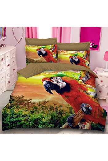 OEM Bed linen, 2 people, identical 3D print, fine, 6 pieces, brown, with parrots, LFD113
