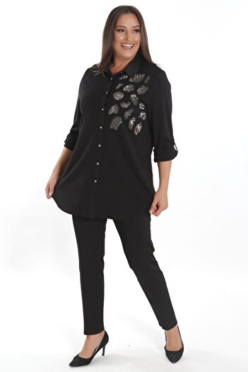 Metpoint Trend42Plus Plus Size Stone Print Detailed Knitted Black Shirt