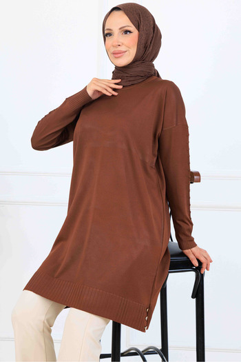 benguen Patterned Mercerized Tunic with Sleeves K5012 Brown