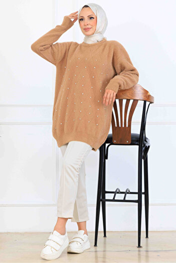 benguen Stone Detailed Knitwear Tunic S3008 Mink
