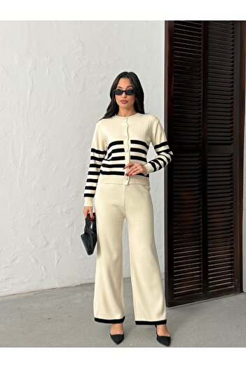 BEJNA Women's Striped Gold Buttoned Top and Bottom Knitwear Set