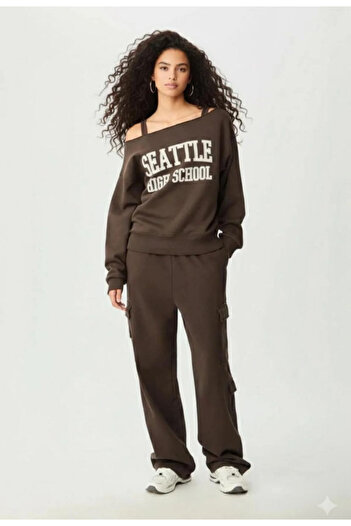 npLStore Women's Seattle Print Boat Neck Brown Sweatshirt Sweatpants Two Piece Bottom Top Set