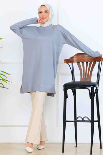 benguen Patterned Mercerized Tunic with Sleeves K5012 Gray