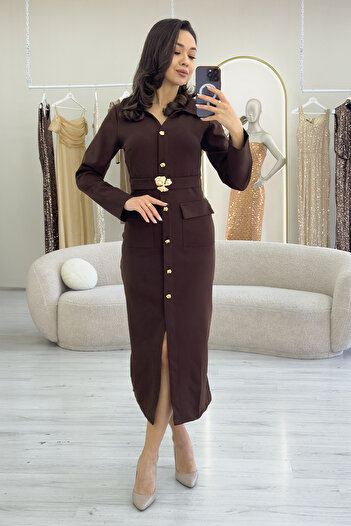 zks grup tekstil Women's Gold Button Belt Detailed Long Dress with Pockets Brown, Black, Navy Blue, Olive Green
