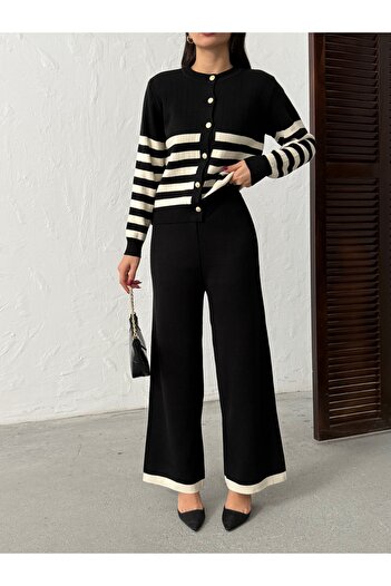 BEJNA Women's Striped Gold Buttoned Top and Bottom Knitwear Set