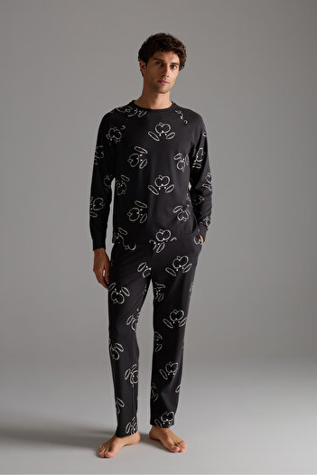 Syah Erkek Pamuklu Reglan Kollu Uzun Pijama Takımı