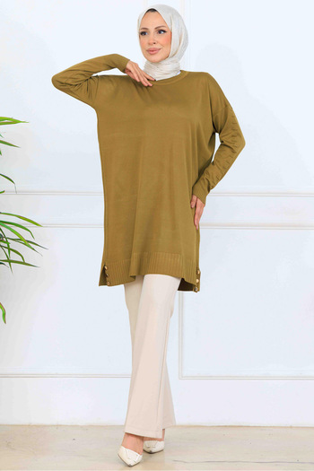 benguen Patterned Mercerized Tunic with Sleeves K5012 Oil Green
