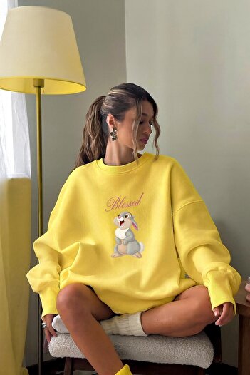 The Champ Clothing Women's Oversize Sweatshirt Dress Blessed Bunny Printed Yellow – Crew Neck, 3 Thread Fleece