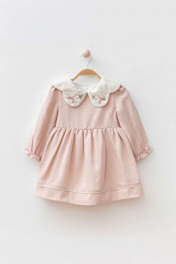 Banamio Fleur Baby Girl Kid's Floral Embroidery Detailed Ruffle Edged Linen Collar Lined Dress