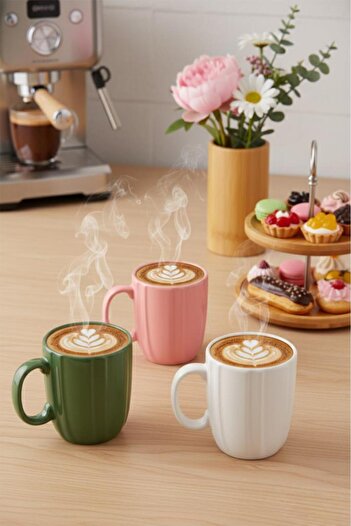 Atbyhome Wind Ceramic Mug Set of 3 Pink Green White Coffee Tea Cup 300 ml 10 cm