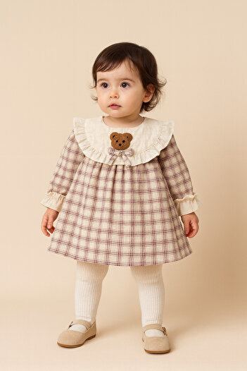 2kids2mom Pana Baby Girl Children's Teddy Bear Detailed Ruffle Edged Linen Collar Lined Plaid Dress
