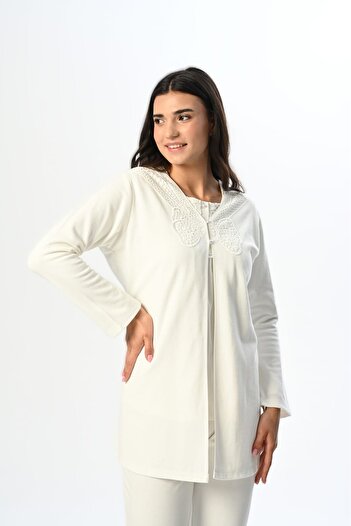 LOHOUSE Women's Ecru Special Design Maternity Pajama Set with Dressing Gown, 3-Piece Maternity Pajama Set