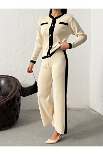 BEJNA Women's Stripe Detailed Pearl Buttoned Pants Bottom Top Set
