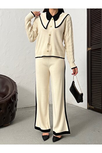 BEJNA Women's Stylish Collar Knit Detailed Bottom-Top Knitwear Set