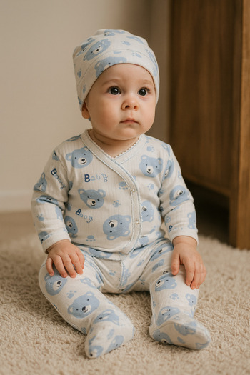 BUUFUU Baby Set Cotton Teddy Bear Patterned Long Sleeve Set of 3 0-3 Months