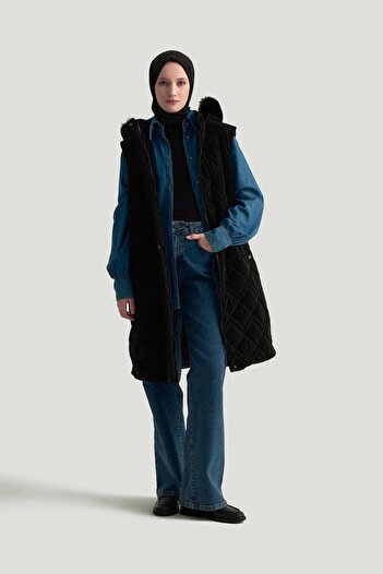 Armine TREND Quilted Vest with Fur Lining on Hood Black 25Kt505