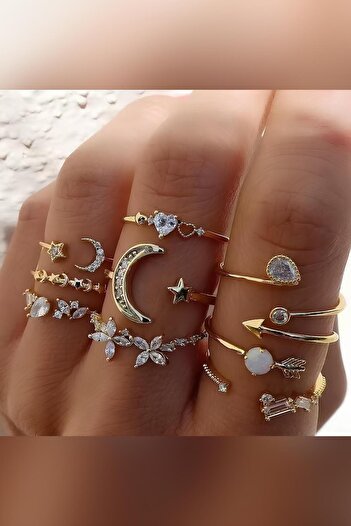 The Collection 9-Piece Stone Combination Moon Star Butterfly Arrow Heart Design Gold Ring Set