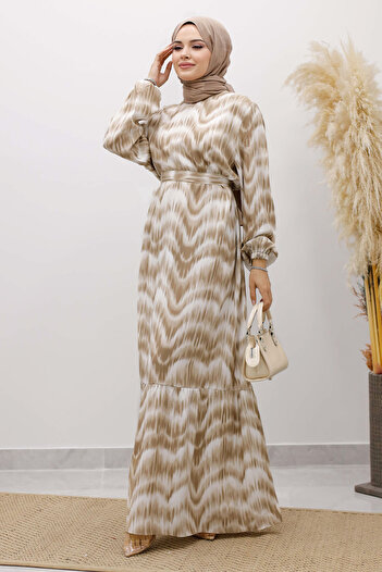 Tesettür Dünyası Flounced Skirt Watercolor Patterned Viscose Dress Tsd250234 Mink