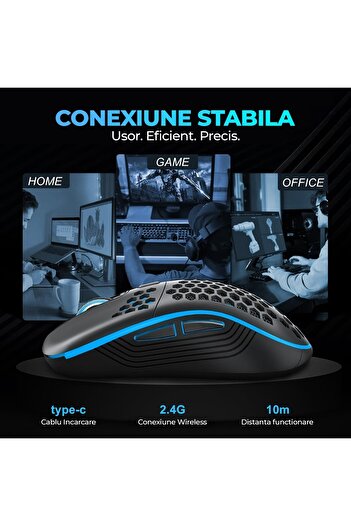 Timebox Wireless Gaming Mouse, 80g, 1600DPI, 2.4G USB Receiver, RGB LED, 7 Buttons, Ergonomic Design, Black