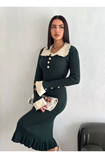 By Kuzey Aras Knitwear Baby Collar Button Detailed Midi Length Dress