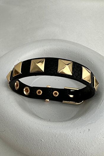 Modex Yellow Metal Staple Detail Leather Bracelet (24cm)