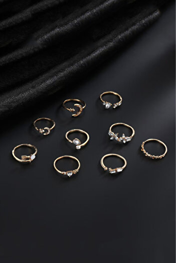 The Collection 9-Piece Stone Combination Moon Star Butterfly Arrow Heart Design Gold Ring Set