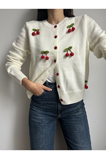 LOTUS CITY Cherry Patterned Crew Neck Buttoned Knitwear Cardigan