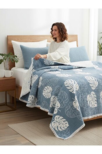 Şaheser Forest Blue Six-Layer Muslin Bedspread Set – 100% Cotton, Soft Texture