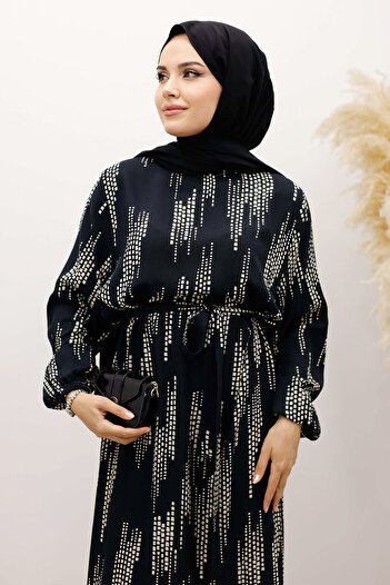 Tesettür Dünyası Gingham Patterned Viscose Dress Tsd250232 Black