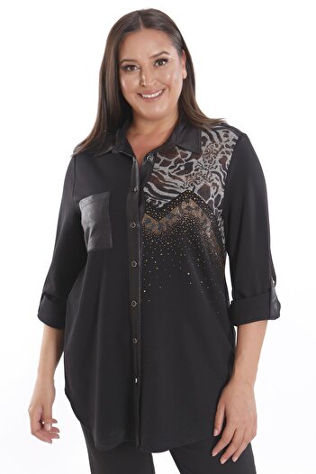 Metpoint Trend42Plus Plus Size Stone Printed Leather Pocket Detailed Knitted Black Shirt