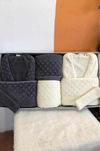 Çeyiz Diyarı Şazeli 8 Piece Family Bathrobe Set Cream Anthracite
