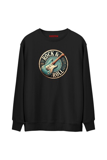 Eastek Rock and Roll Guitar Premium Black Crew Neck Plain Sweatshirt, Men'S, Women'S, Unisex Sweatshirt