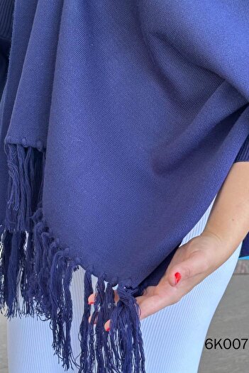 MODAMERSİ Women's Navy Blue Tassel Detailed Knitwear Poncho