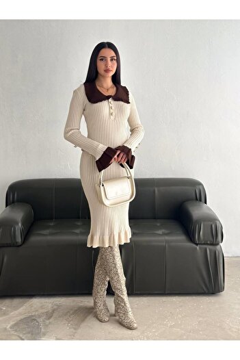 Jeevee Ruffle Collar Pearl Button Long Sleeve Knit Dress