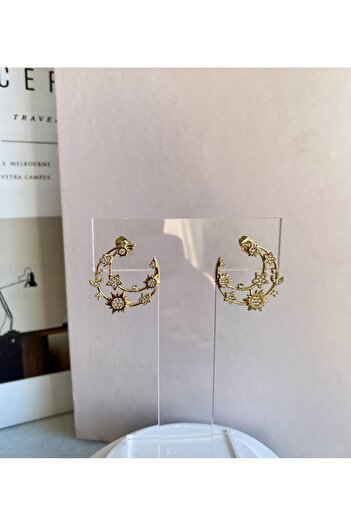 Atelier Licia Gold Color Moon and Star Motif Stone Hoop Earrings