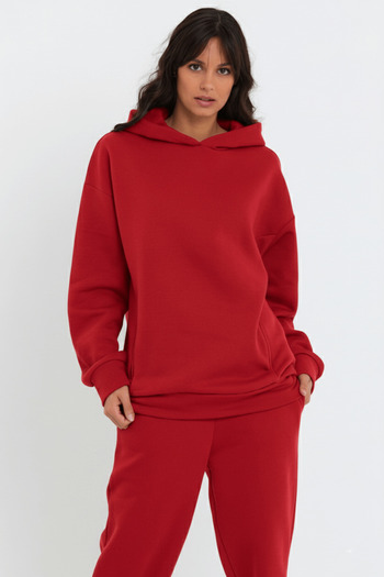 ESPİNA Women's Oversized Tracksuit Set with Elastic Waist and Cuffs, Three Thread Fleece - Red