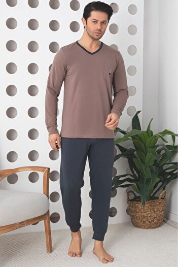 embody Men's cotton lycra long pyjamas, grey/beige 902