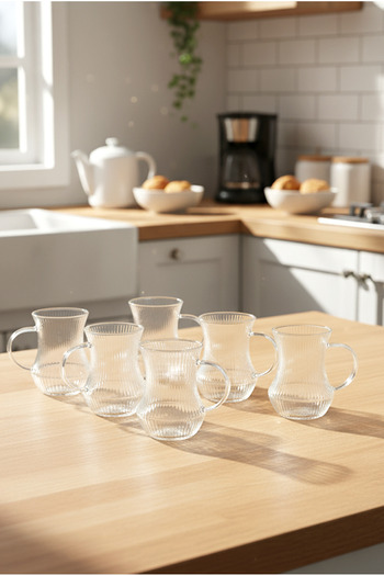 FH finehome Verano 6-Piece Striped Glass Tea Cup with Handle