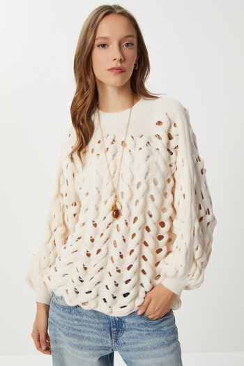 Lovelyİstanbul Balloon Sleeve Openwork Knitwear Sweater Lmt0037 Cream